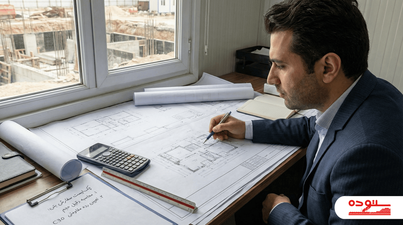 مهندس عمران در حال محاسبه دقیق حجم بتن و بررسی چک‌لیست سفارش روی نقشه ساختمانی.
