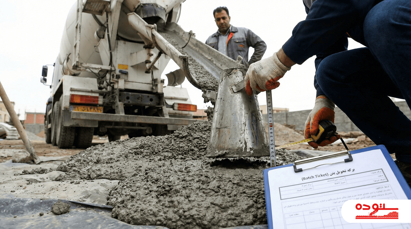 انجام تست اسلامپ بتن با قیف آبرامز و بررسی برگه تحویل هنگام تخلیه میکسر در کارگاه.