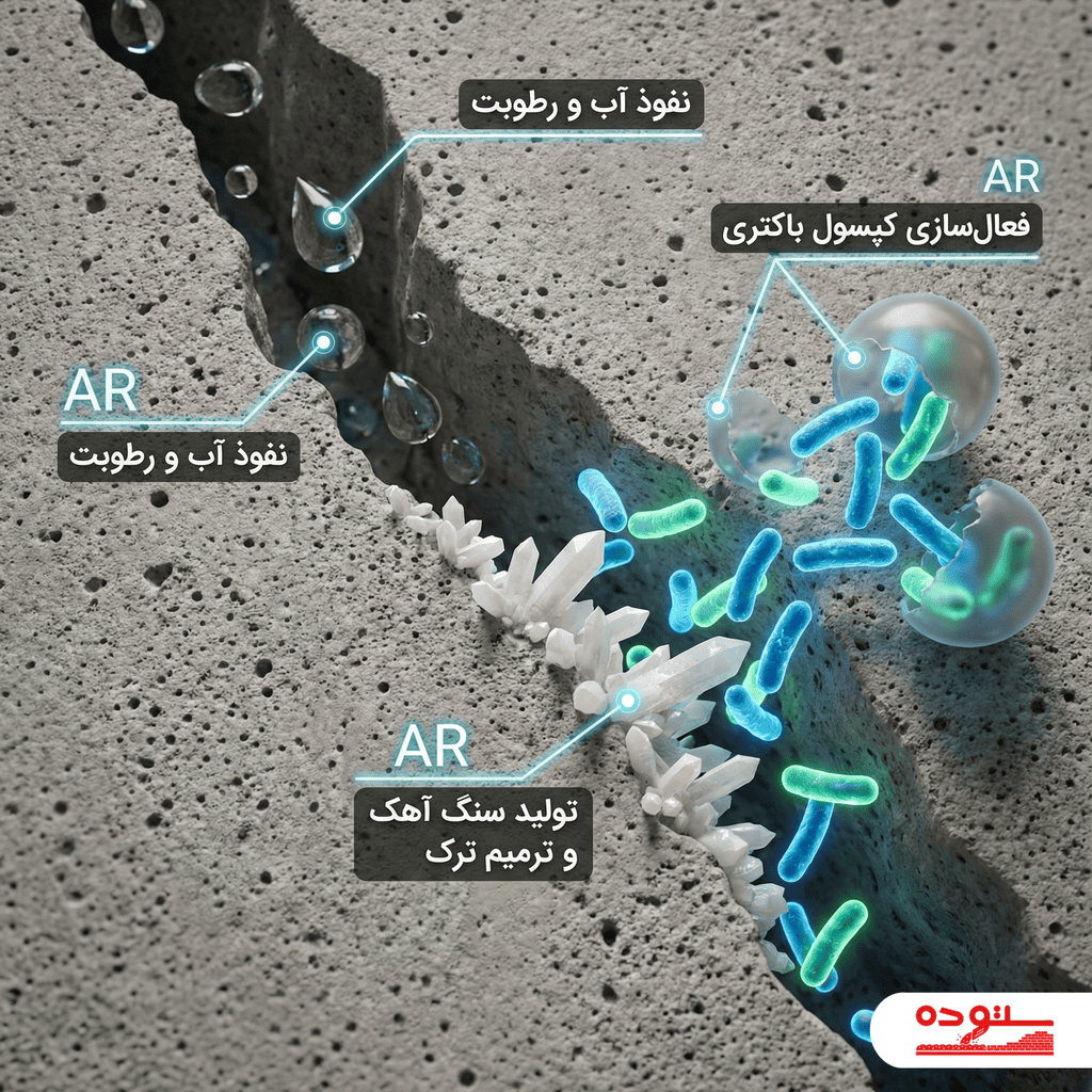اینفوگرافیک سه بعدی و ماکرو از نحوه عملکرد باکتریها و تولید سنگ آهک برای ترمیم ترک بتن.