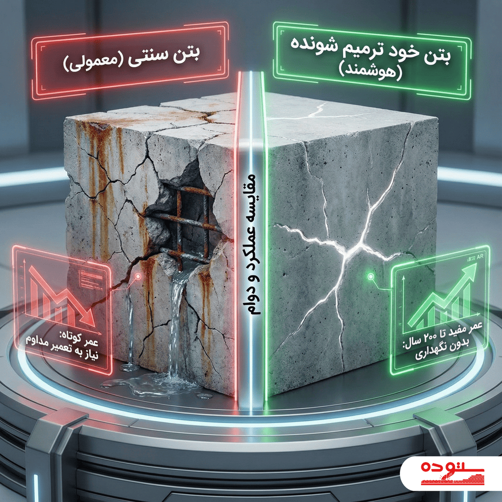 مقایسه تصویری بتن سنتی آسیبدیده با بتن هوشمند خود ترمیم شونده و نمایش طول عمر آنها.