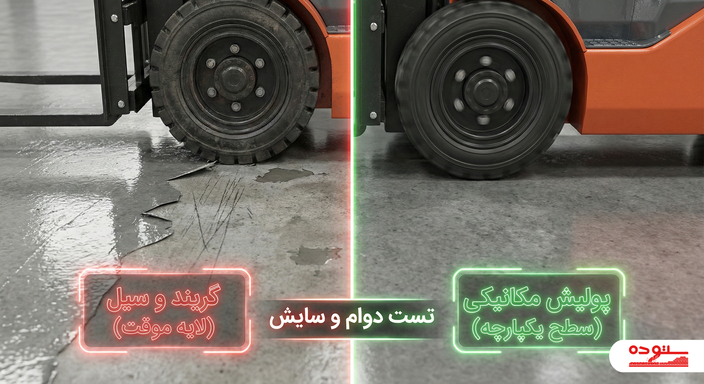 مقایسه تصویری تفاوت دوام بتن پولیشی مکانیکی با روش گریند و سیل و پوسته شدن لایه رزین.