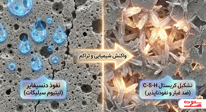 تصویر میکروسکوپی فرآیند دنسیفیکیشن و پر شدن منافذ بتن با کریستالهای کلسیم سیلیکات.